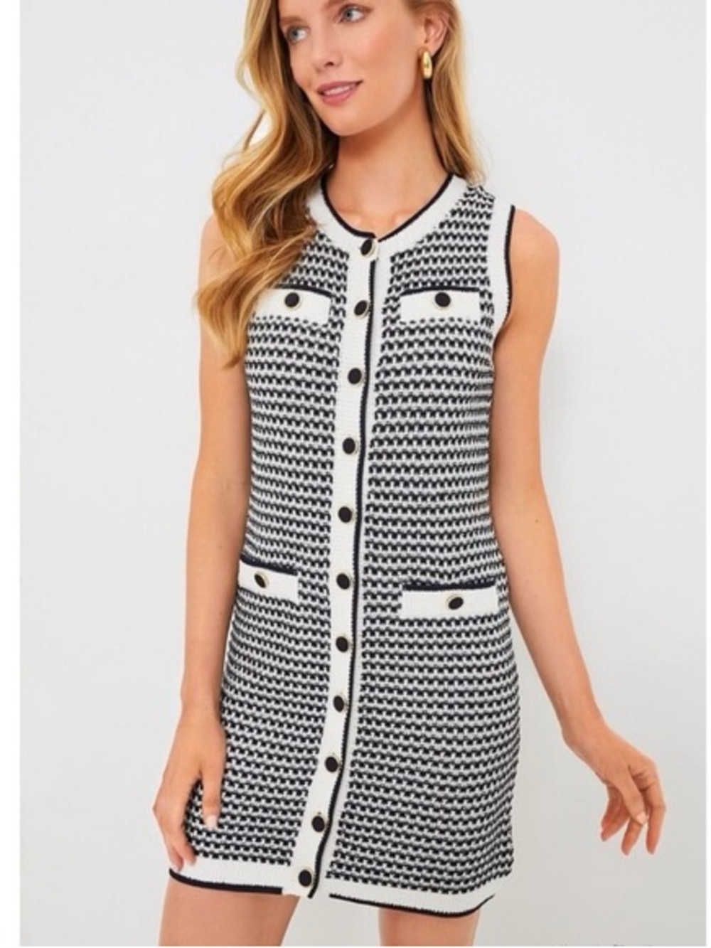 Pomander Place Black & White Tweed-Inspired Knit Bardot Dress Size S